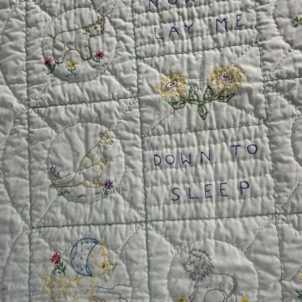 Vintage Precious Moments Baby Quilt Now I Lay Me Down To Sleep Embroidered White